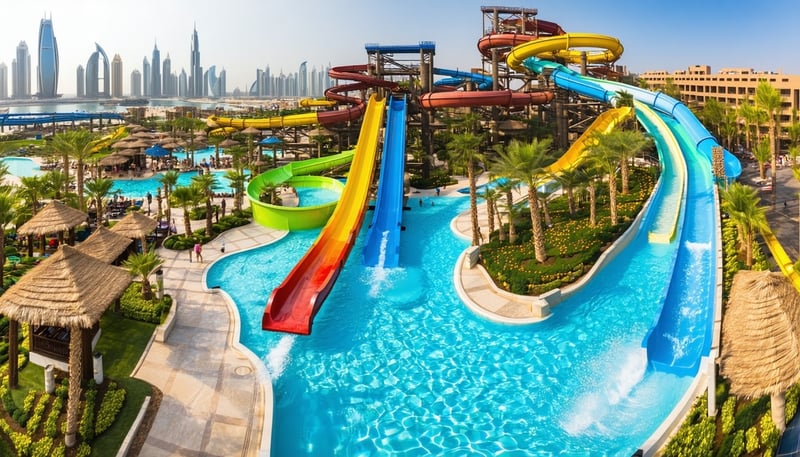 Aerial view of Aquaventure World Dubai showcasing water slides and attractions Aerial view of Aquaventure World Dubai showcasing water slides and attractions